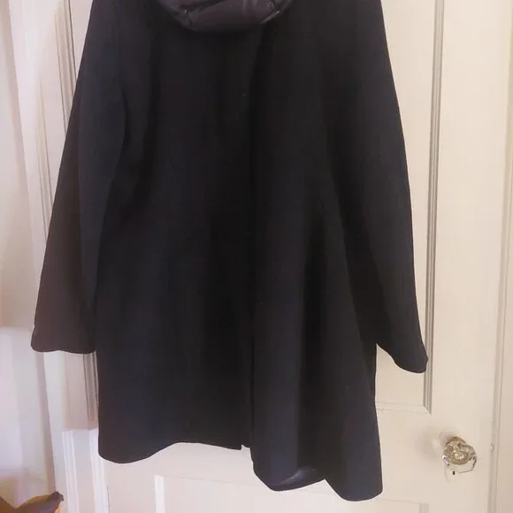 NWT DKNY Black Wool Faux Leather Hooded Bibbed Mixed-Media Blazer Coat XL - Picture 5 of 8